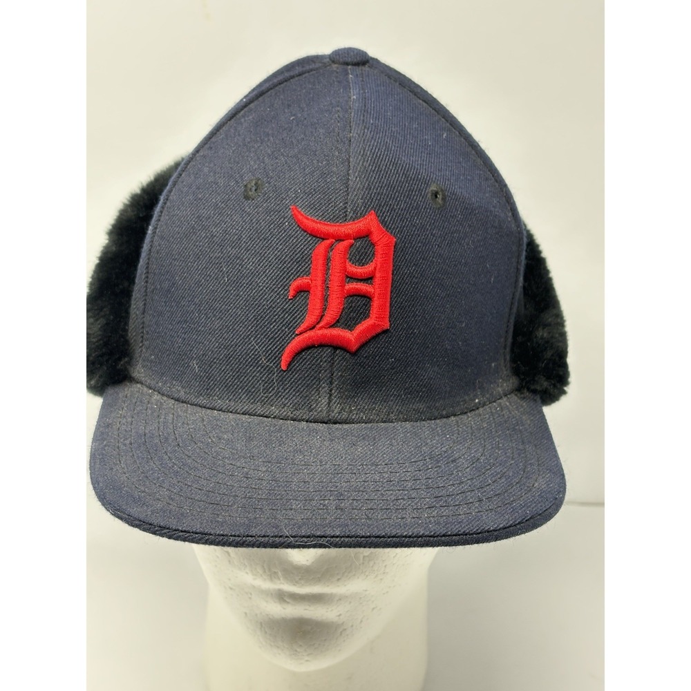 Hatco Detroit Tigers Blue Faux Fur Ear Flap Fitted Hat Mens Small 7-7 1/8